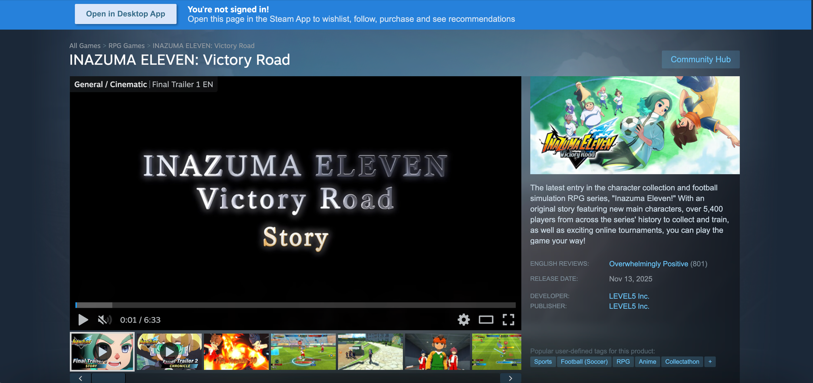 Inazuma Eleven: Victory Road se destaca no Steam com 96% de avaliações positivas - Imagem do artigo original