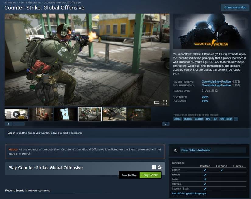 CS:GO reaparece no Steam como download independente, porém oculto na busca - Imagem do artigo original