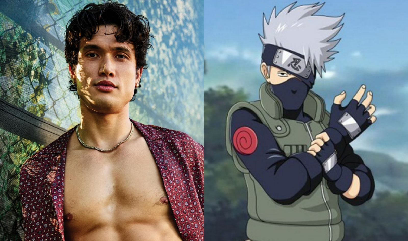 Montagem com o ator Charles Melton e o personagem Kakashi Hatake, do anime Naruto